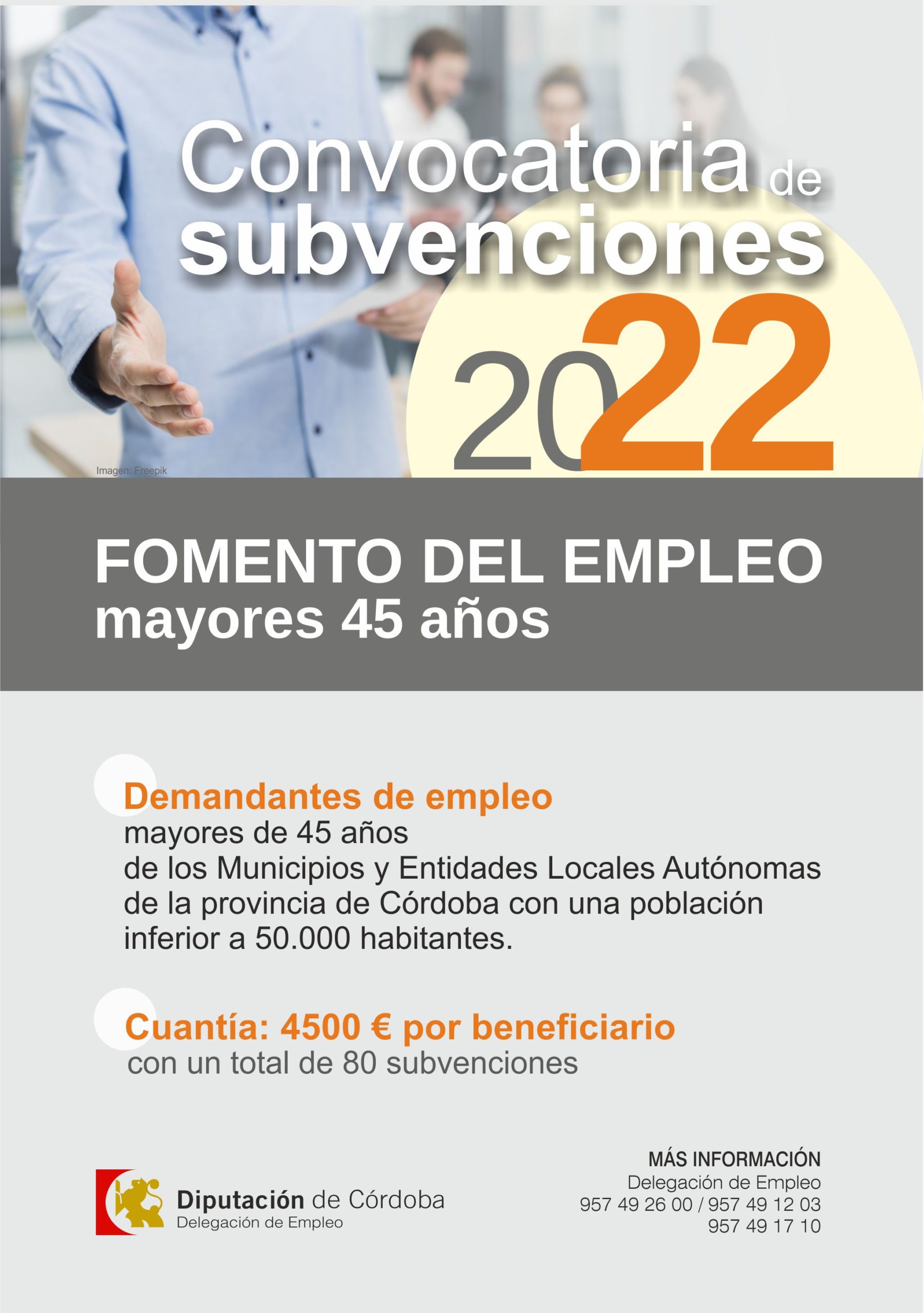 CONVOCATORIA DE SUBVENCIONES A MUNICIPIOS Y ENTIDADES LOCALES AUTÓNOMAS  “FOMENTO DEL  EMPLEO EN MAYORES DE 45 AÑOS”  DE LA DELEGACIÓN DE EMPLEO DE LA DIPUTACIÓN PROVINCIAL DE CÓRDOBA.